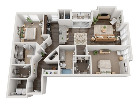 Floor plan for 2 beds, 2 baths, 1363 sqft